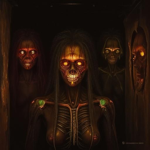 Glowing Hominids in Basement: Sinister Oil Painting