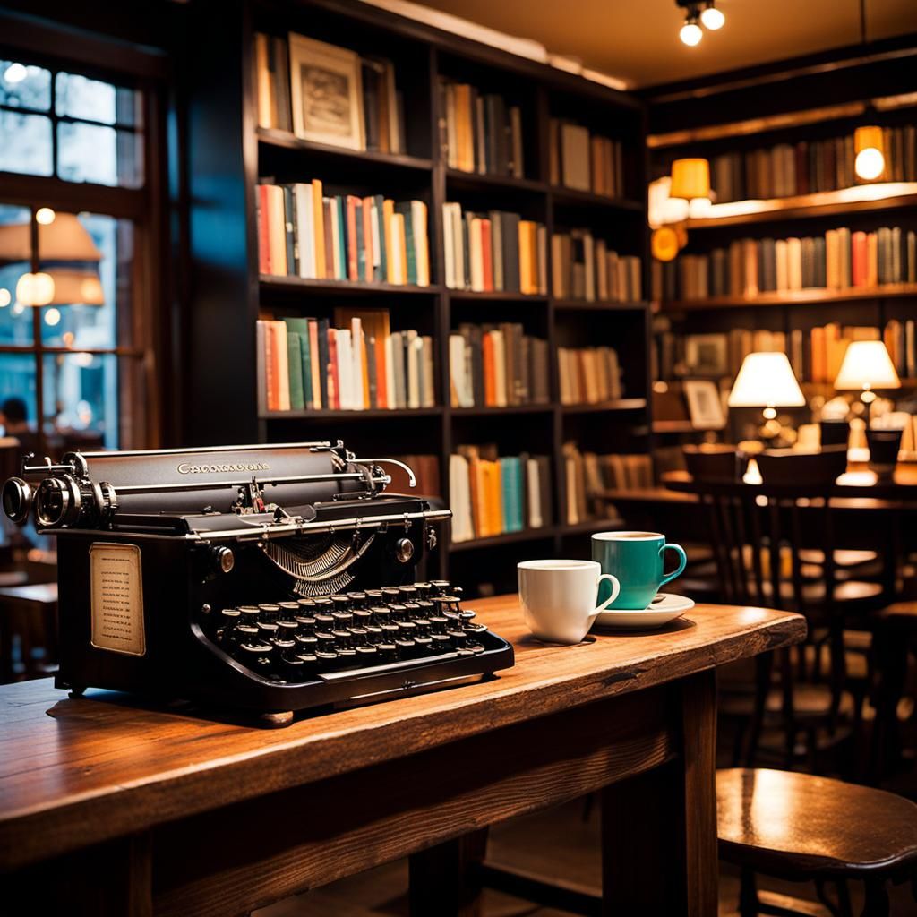 Cozy Vintage Coffeehouse with Typewriter and Bookshelf