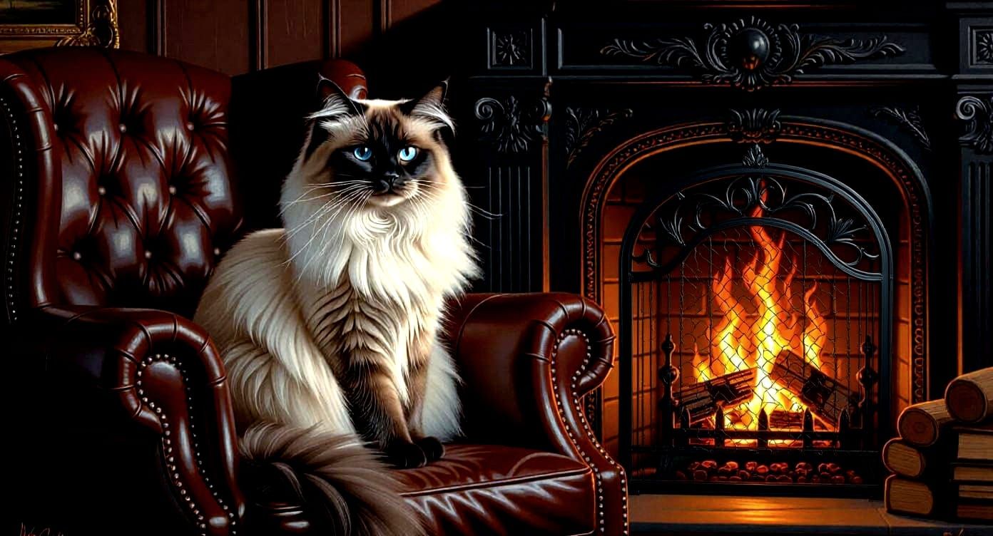 Majestic Siamese Cat on Leather Chair by Fireplace