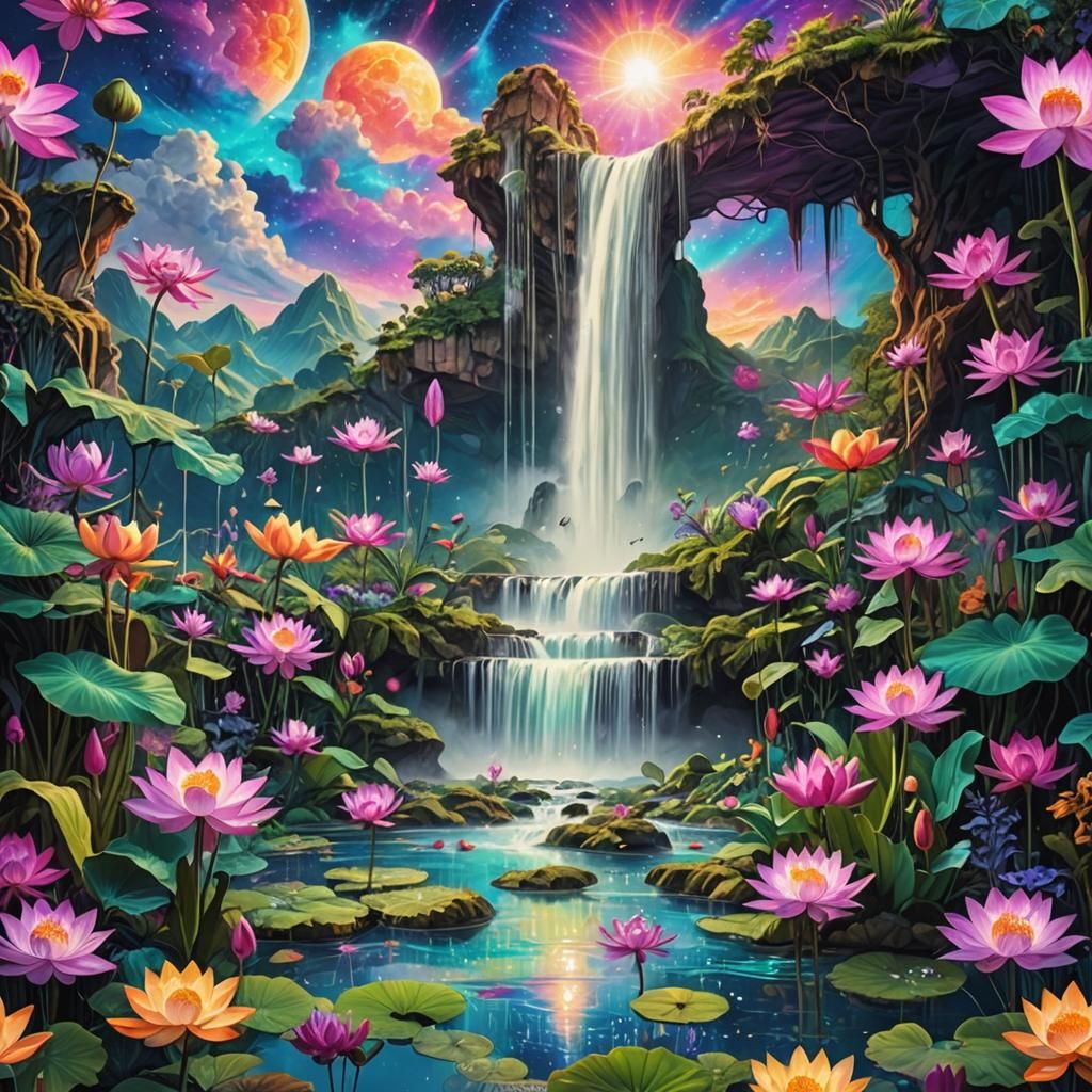 Psychedelic Waterfalls with Lotus Flowers in Pop Art Style