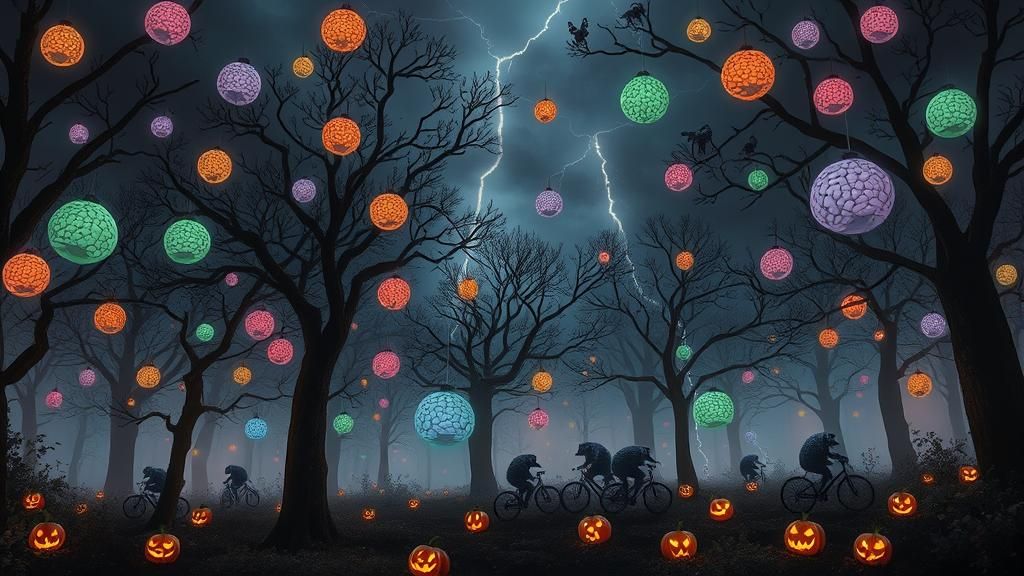 Mystical Forest with Glowing Lanterns at Dusk