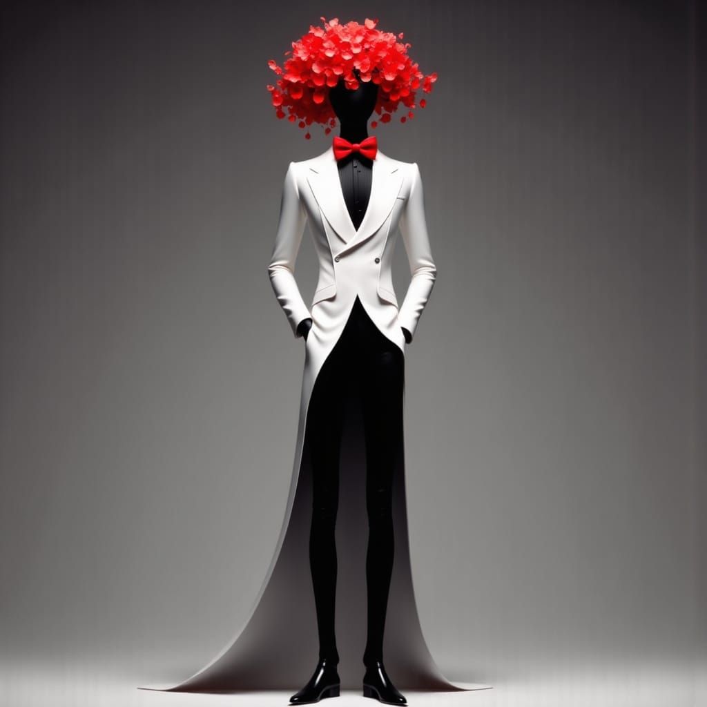 <lora:Black Theater:1.0>The tall black figure with tight pants a white tailcoat and a red bow tie and an anthurie blosso...