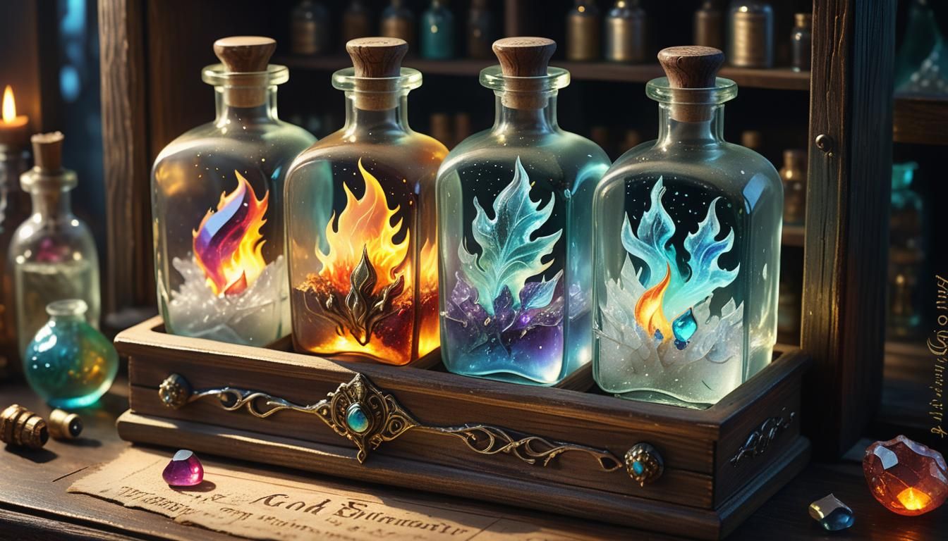 Fantasy Apothecary Shop with Elemental Bottles