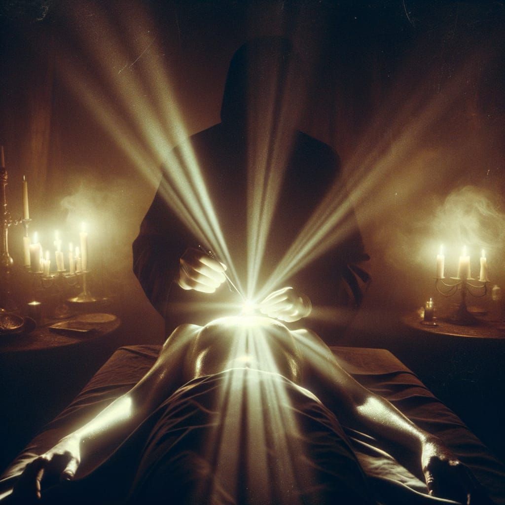 Ethereal Hands Performing Luminescent Surgery in Candlelit R...