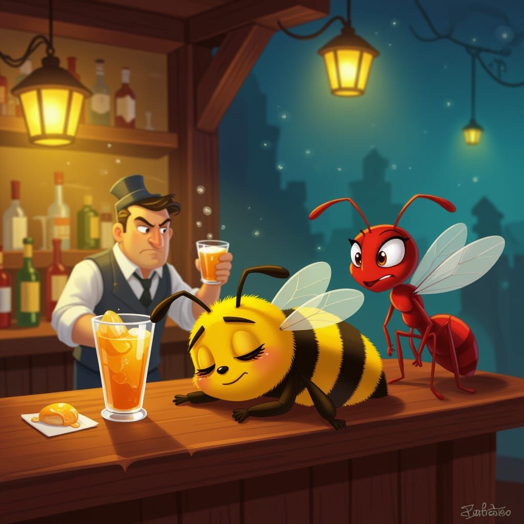 Cartoon Bumblebee Sleeps at Nectar Tavern in Disney Style