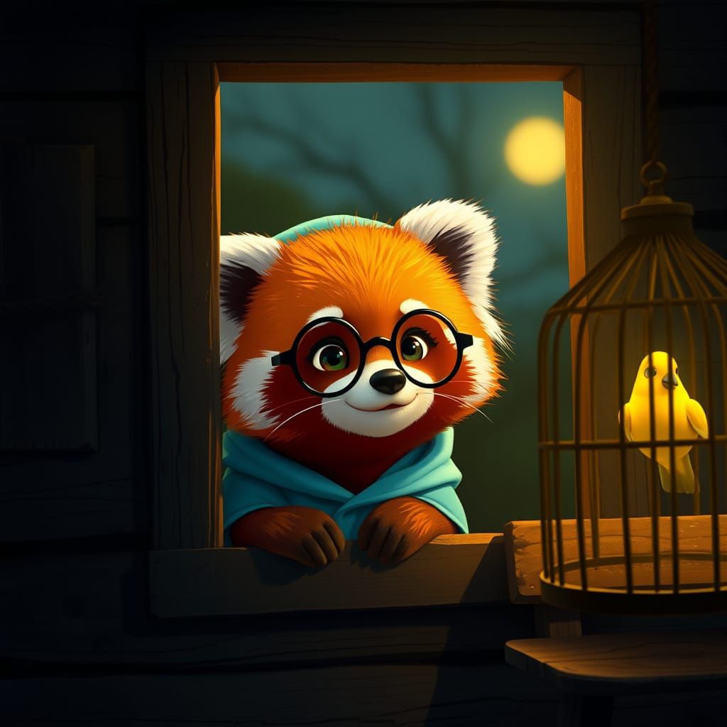 Cute Red Panda Peeking Through Old Wooden House Window at Ni...
