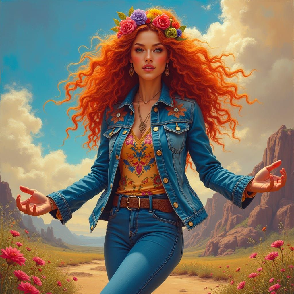 Free-Spirited Hippie Woman in Psychedelic Style