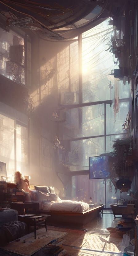 Sunbeams over Cozy Bed: Hyperrealistic Matte Painting