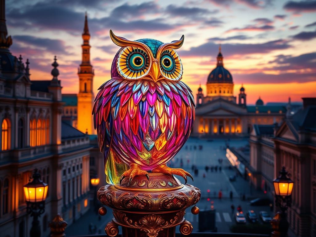 Glowing Murano Glass Owl Amidst Vienna's Golden Splendor
