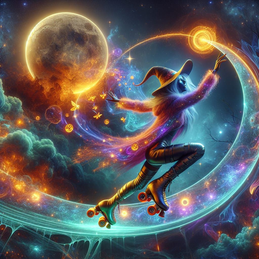 Celestial Witch Roller Skating in Sci-Fi Cosmic Scene
