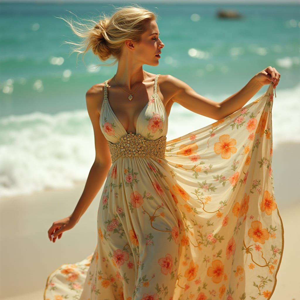 Woman Dancing on Beach in Art Nouveau Style