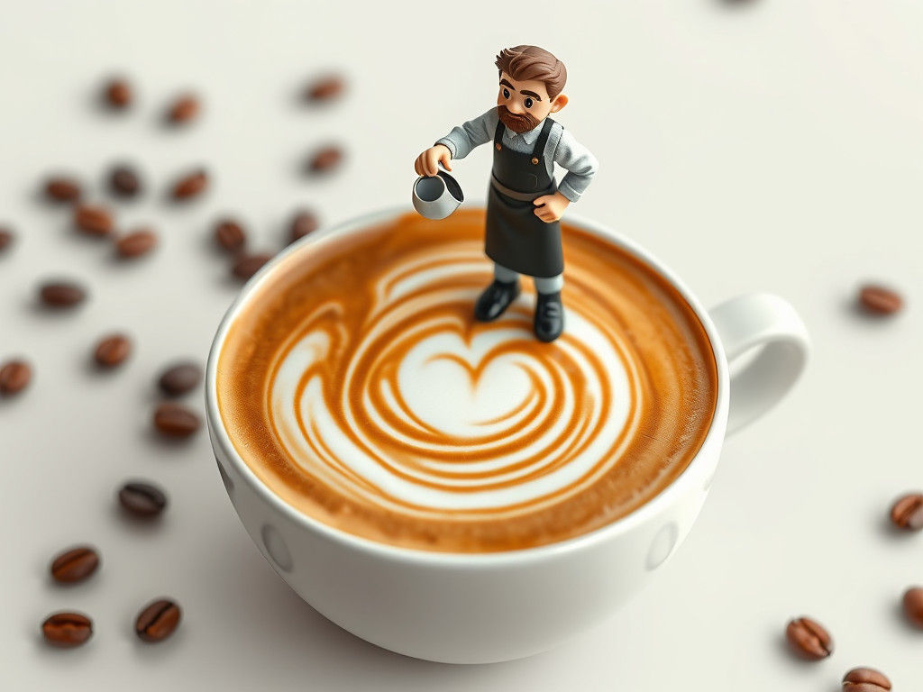 Miniature Foam Barista Sculpture on Latte, Digital Art