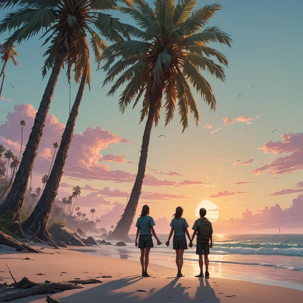 Children Hold Hands at Sunrise: Fantasy Art