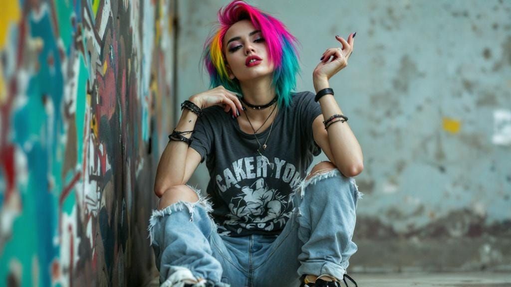 Punk Girl with Asymmetrical Hair in Skate-Punk Style