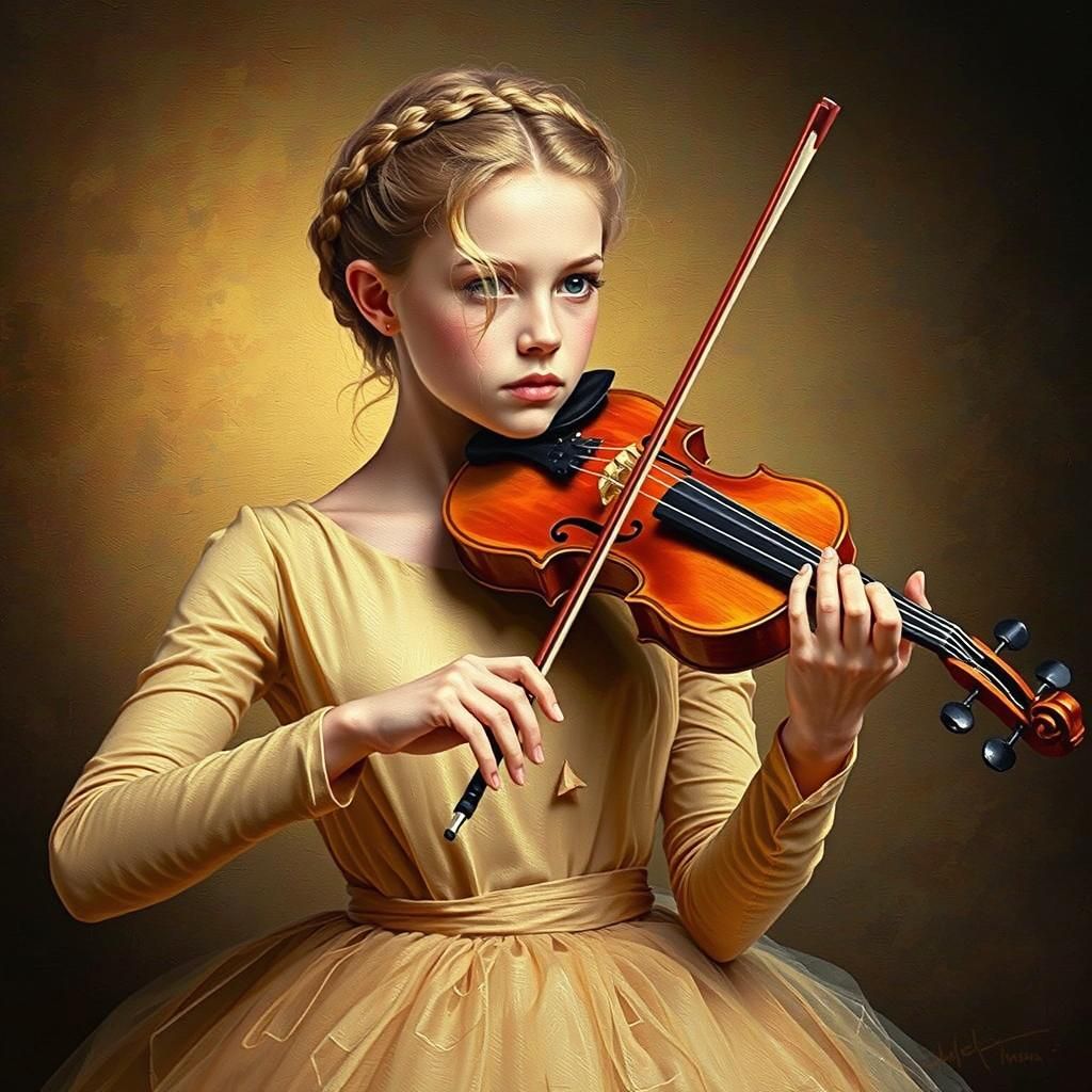 Girl in Gold Dress Playing Violin, Watercolor Art