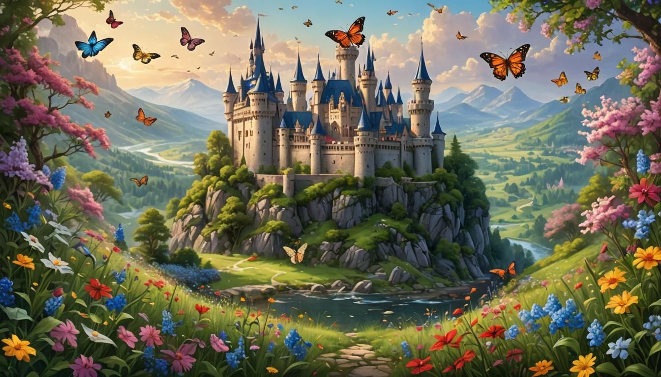 Fantasy Castle and Blooming Valley in Gouache Style