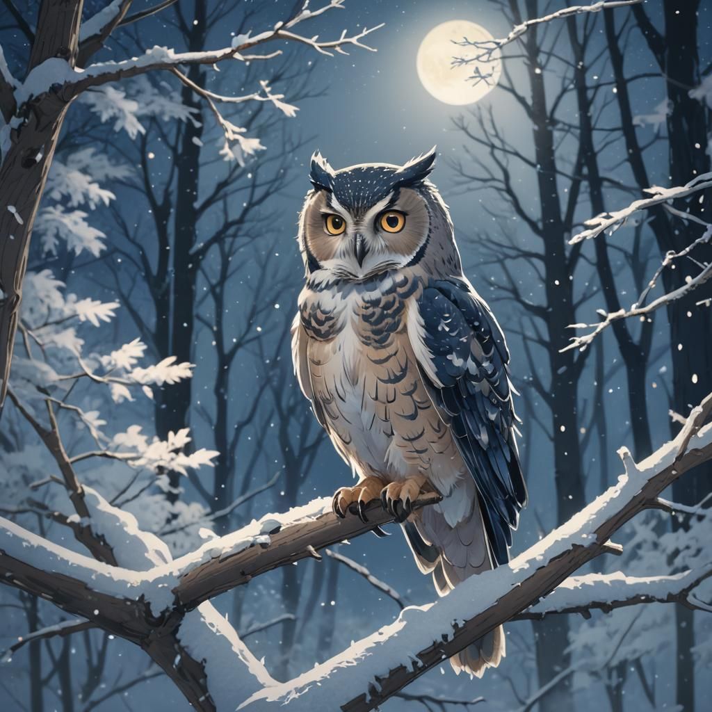 Owl in Snowy Forest: Anime Concept Art