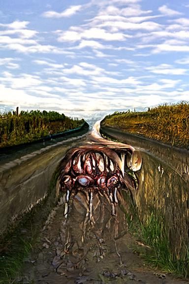 Eldritch Horror by the Road: Detailed Oil Painting