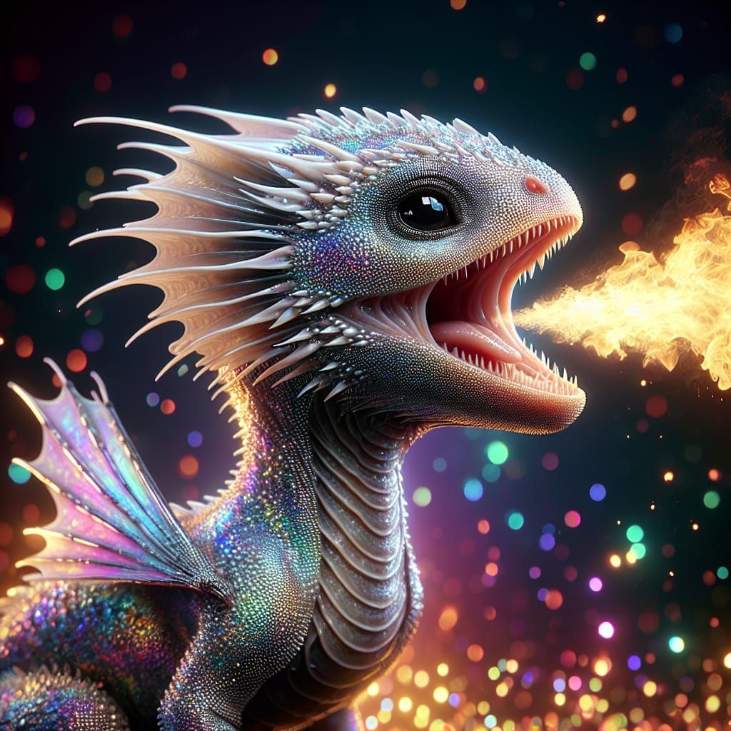 Iridescent Baby Dragon Breathing Fire
