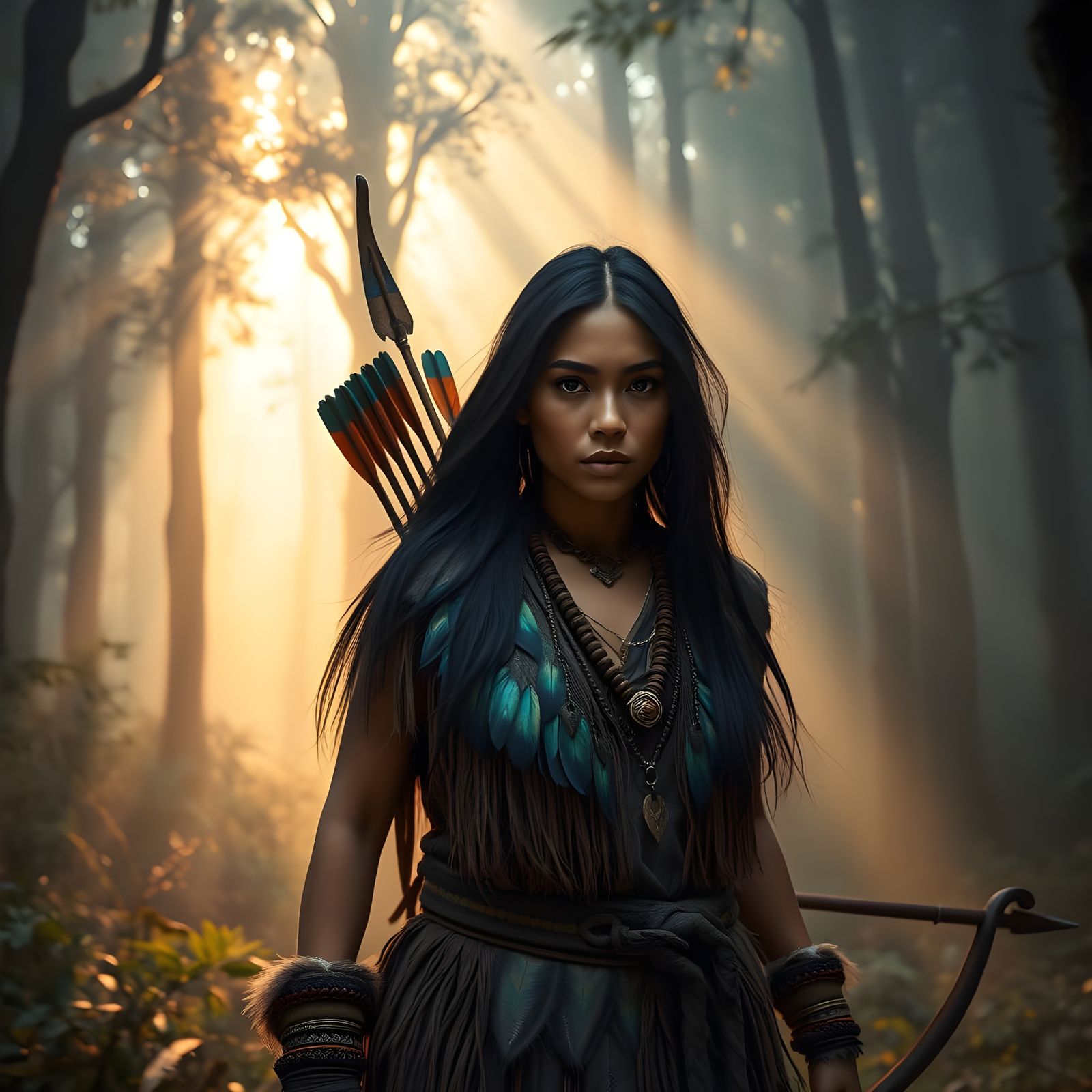 Indigenous Woman in Cinematic Forest Landscape