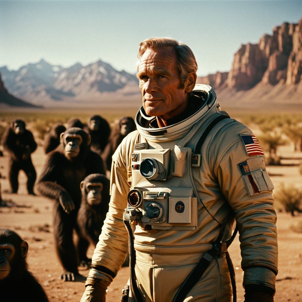 Astronaut Among Apes in Desert Landscape