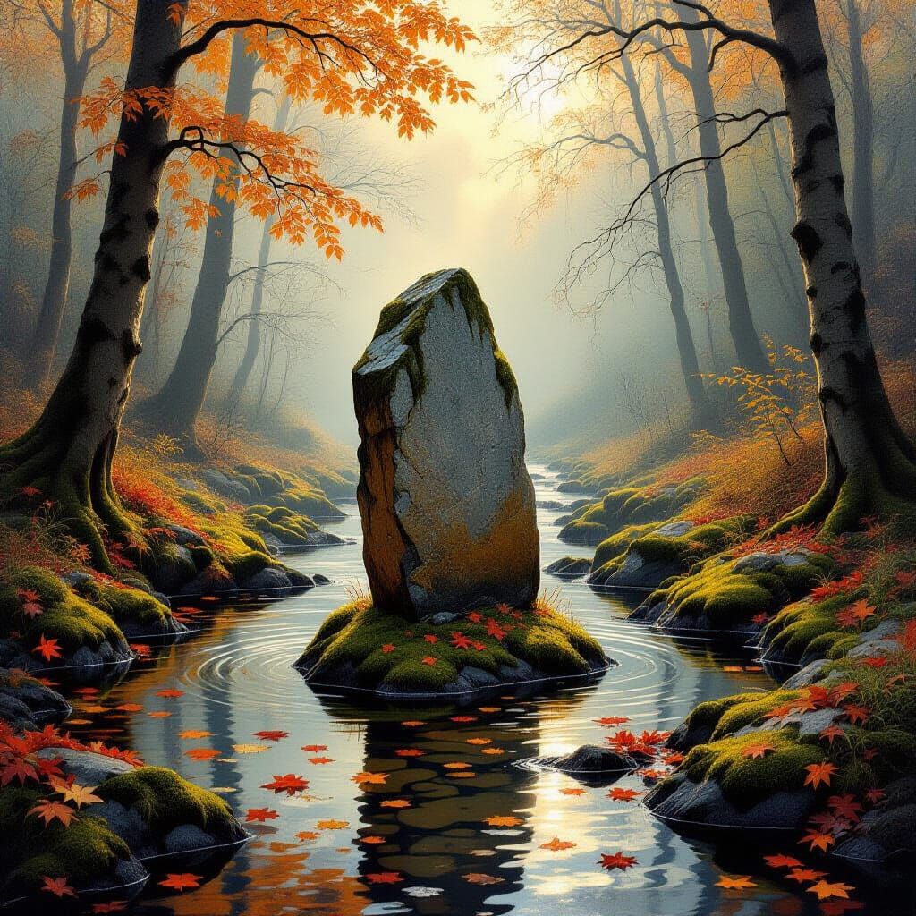 Ancient Mossy Monolith in Misty Stream