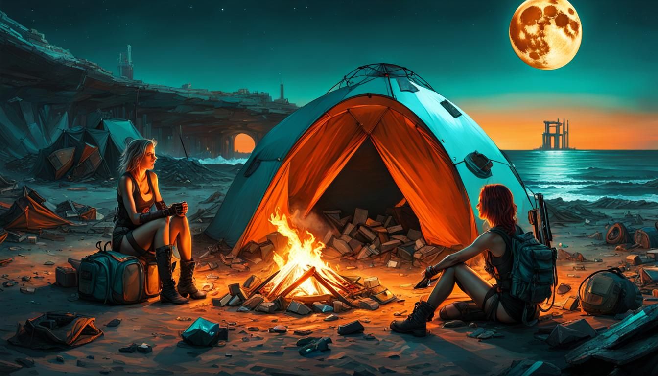 Post-Apocalyptic Beach Camp with Cyborgs