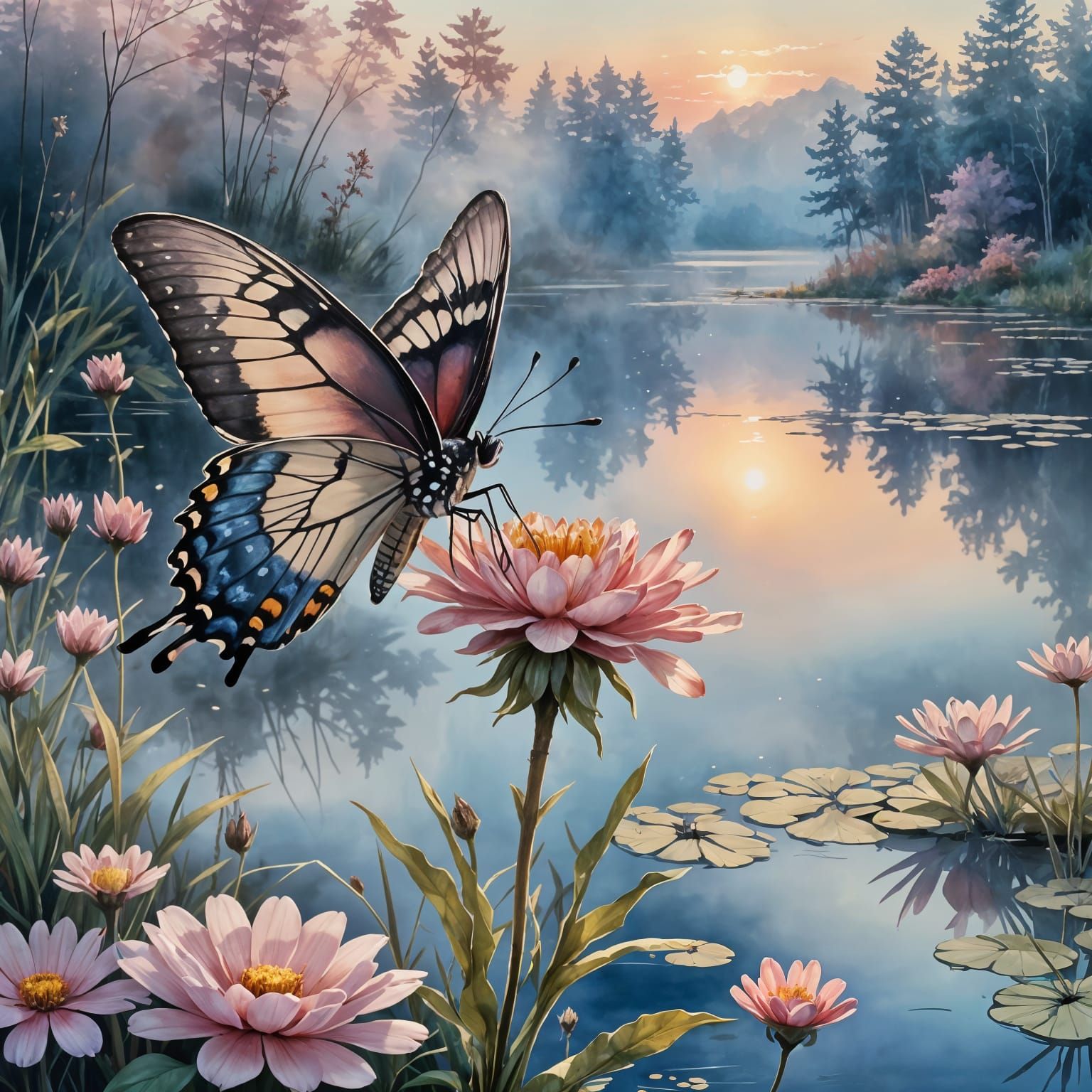 Watercolor Butterfly at Dawn by Lake