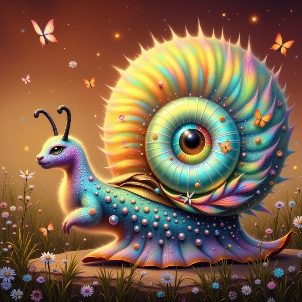 Whimsical Cheetah-Snail Hybrid in Enchanted Savannah Landsca...