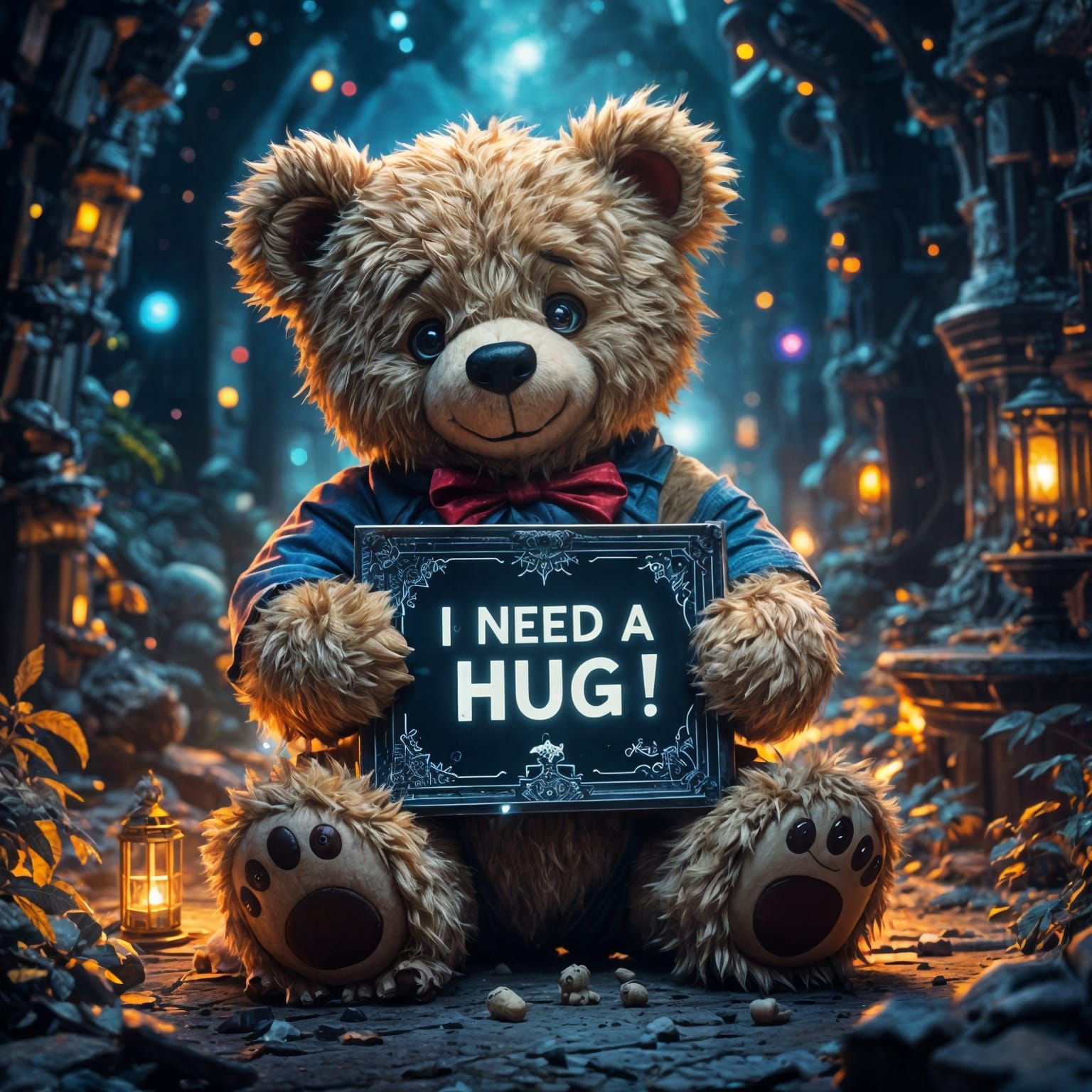 Sad Teddy Bear Asks for Hugs in Cosmic Illustration