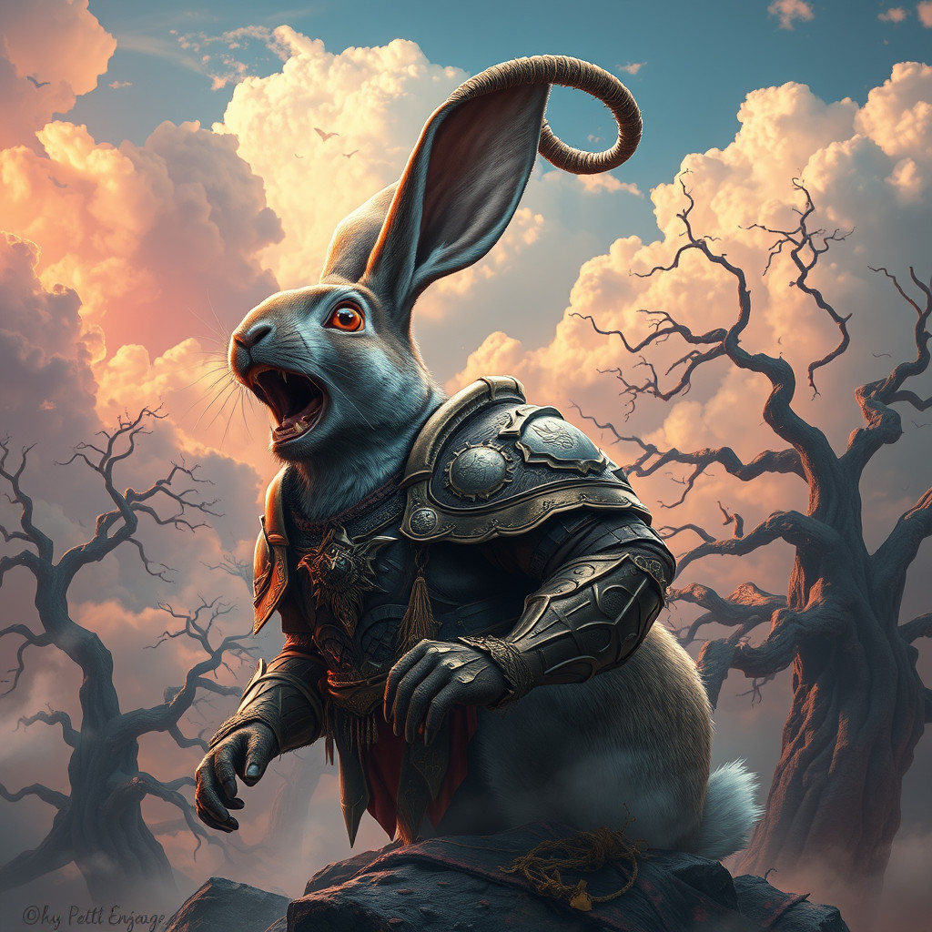 Armored Horned Rabbit Roaring in Dreamlike Landscape