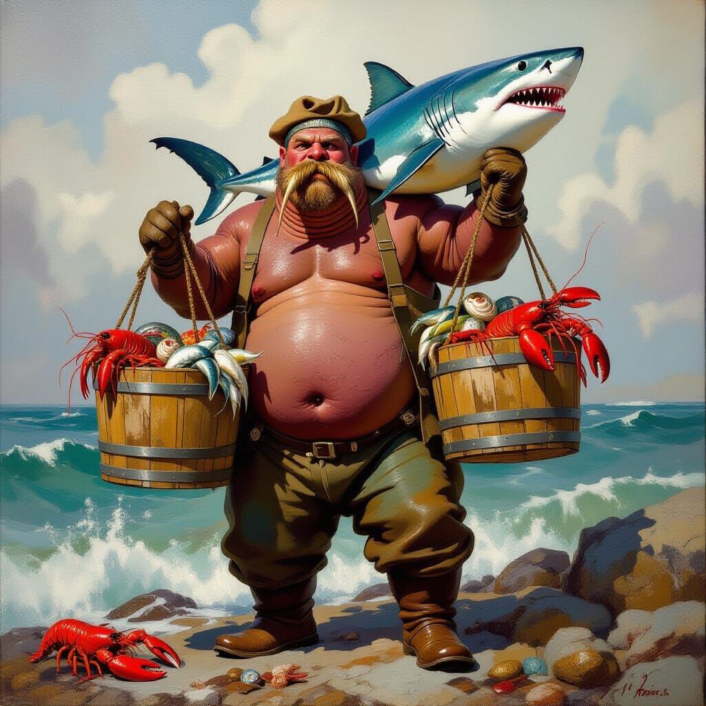 Walrus Fisherman Hauls Catch with Shark in Maritime Oil Pain...