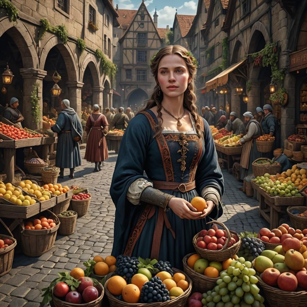 Medieval Woman with Fruit: Detailed Matte Painting