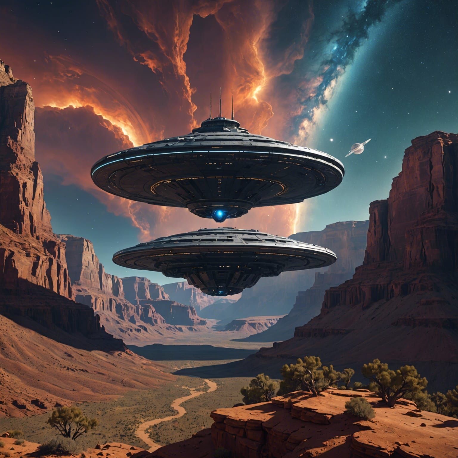 Starship Approaching Grand Canyon Nebula in Detailed Paintin...