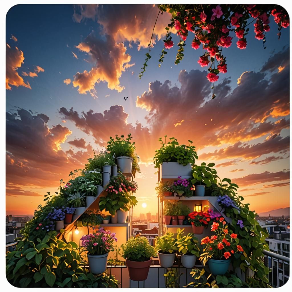 Vibrant Balcony Garden with Herbs and Blossoms