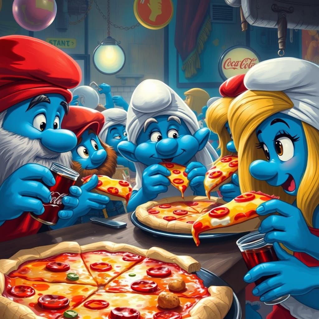 Gargamel and Smurfs Enjoying Pizza: Hyperrealistic Concept A...