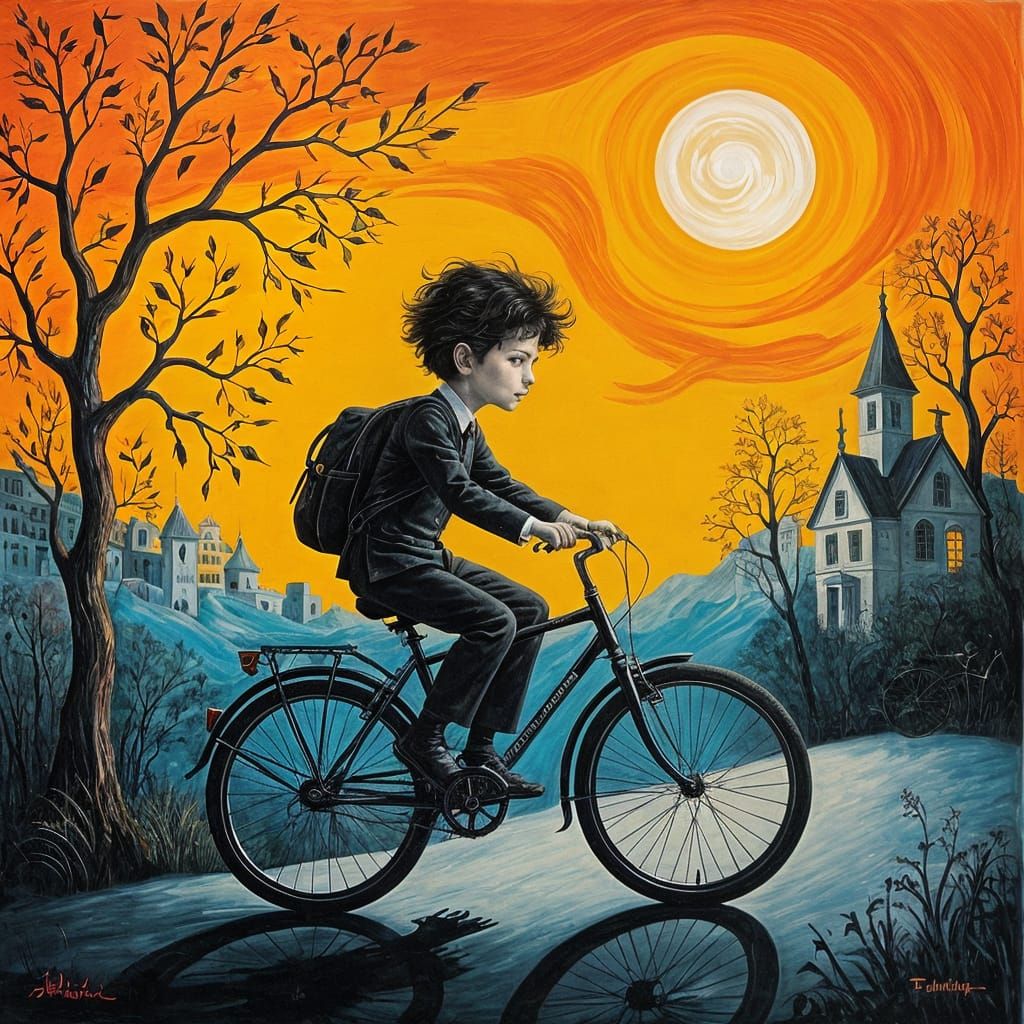 Surreal Boy Riding Bike to School in Dali-esque Style