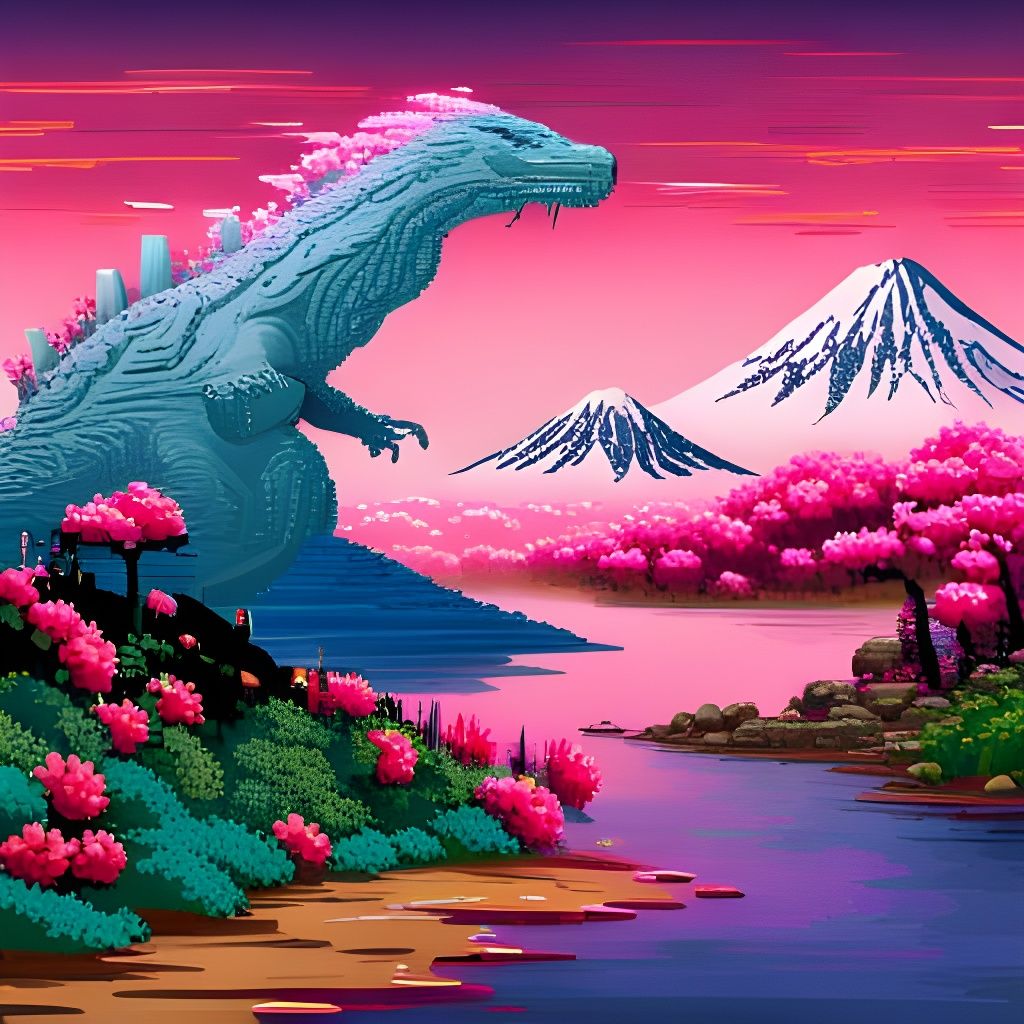 Godzilla Relaxing on Beach: Pixel Art Kaiju