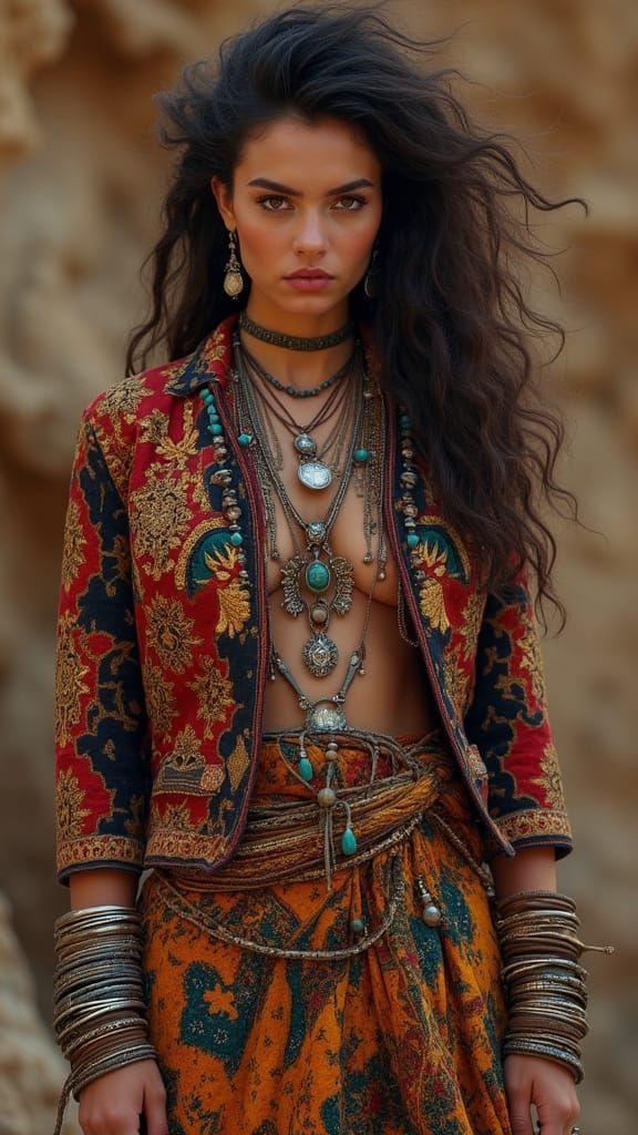 Bohemian Warrior Woman in High-Fashion Editorial Style