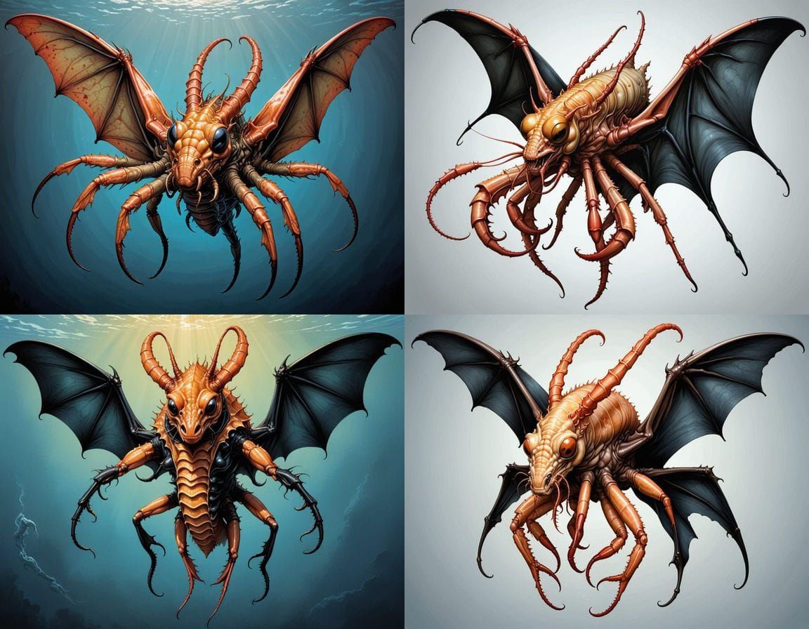 Prawn Bat Calamari Hybrid Illustration in Fantasy Art Style