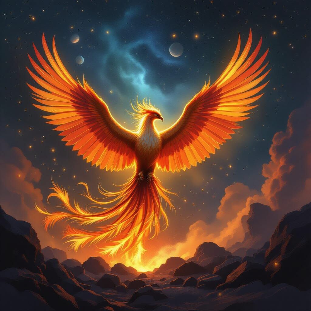 Majestic Phoenix Rises from Cosmic Ashes in Fantasy Art Styl...