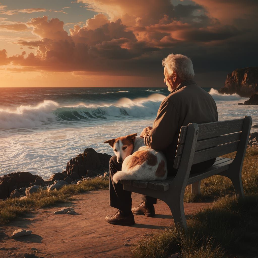 Elderly Man Finds Inner Peace Watching Ocean Sunset