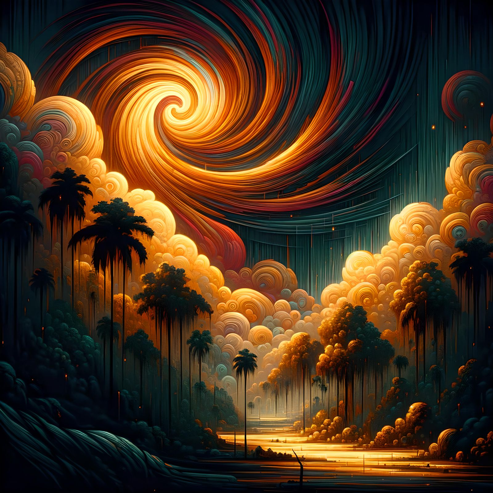 Expressionistic Tropical Forest Thunderstorm at Night