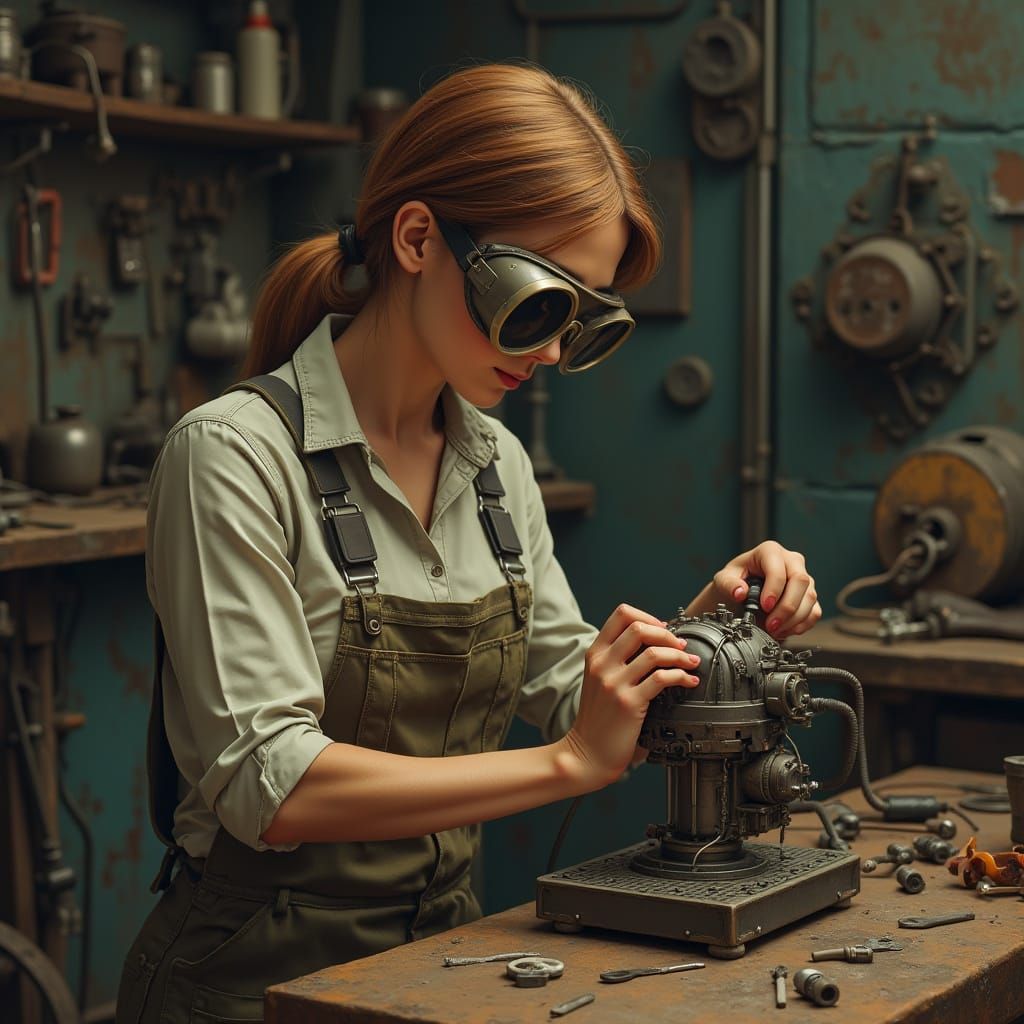 Woman Repairs Device in Rustic Workshop: Gritty Realism