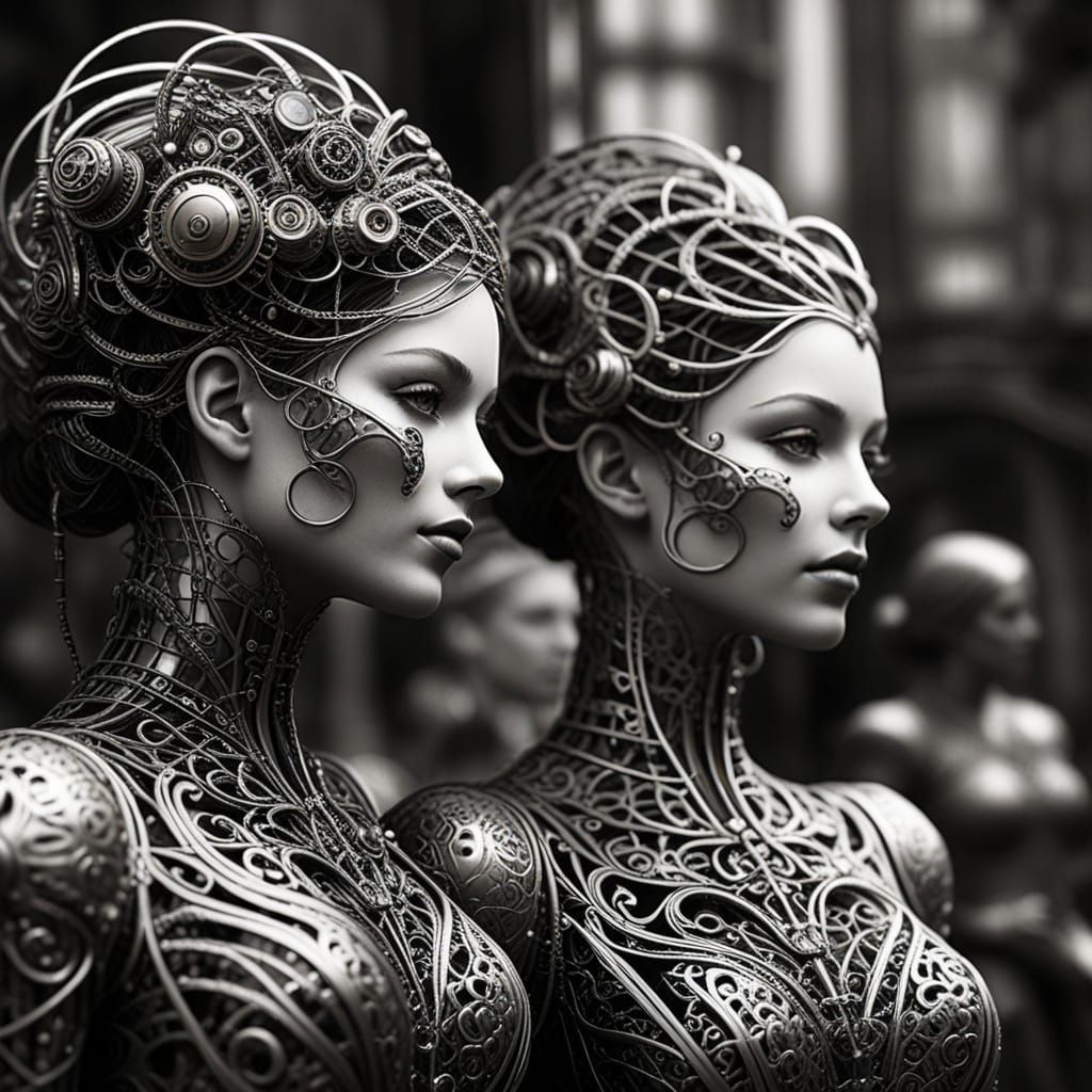 Steampunk Filigree Women in Monochrome Ink Illustration Styl...