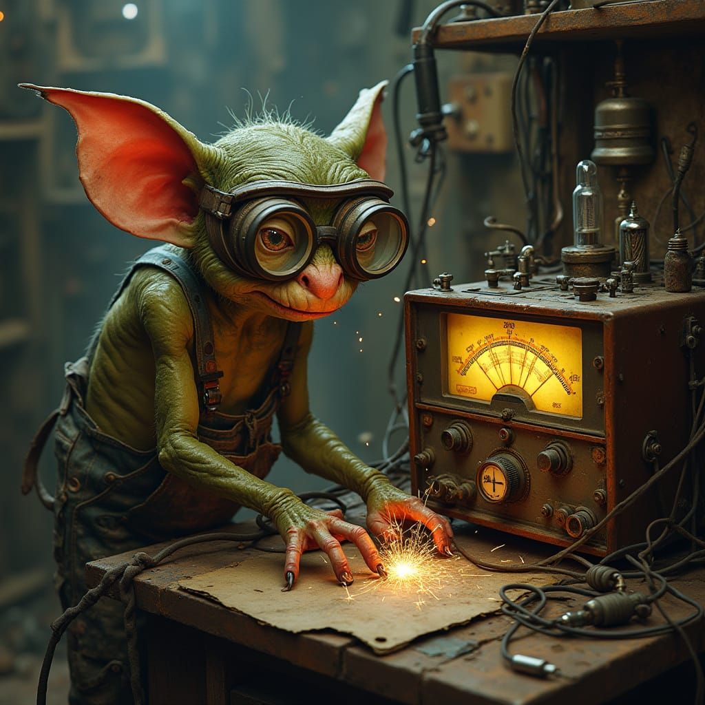 Steampunk Gremlin Repairs Vintage Radio in Workshop