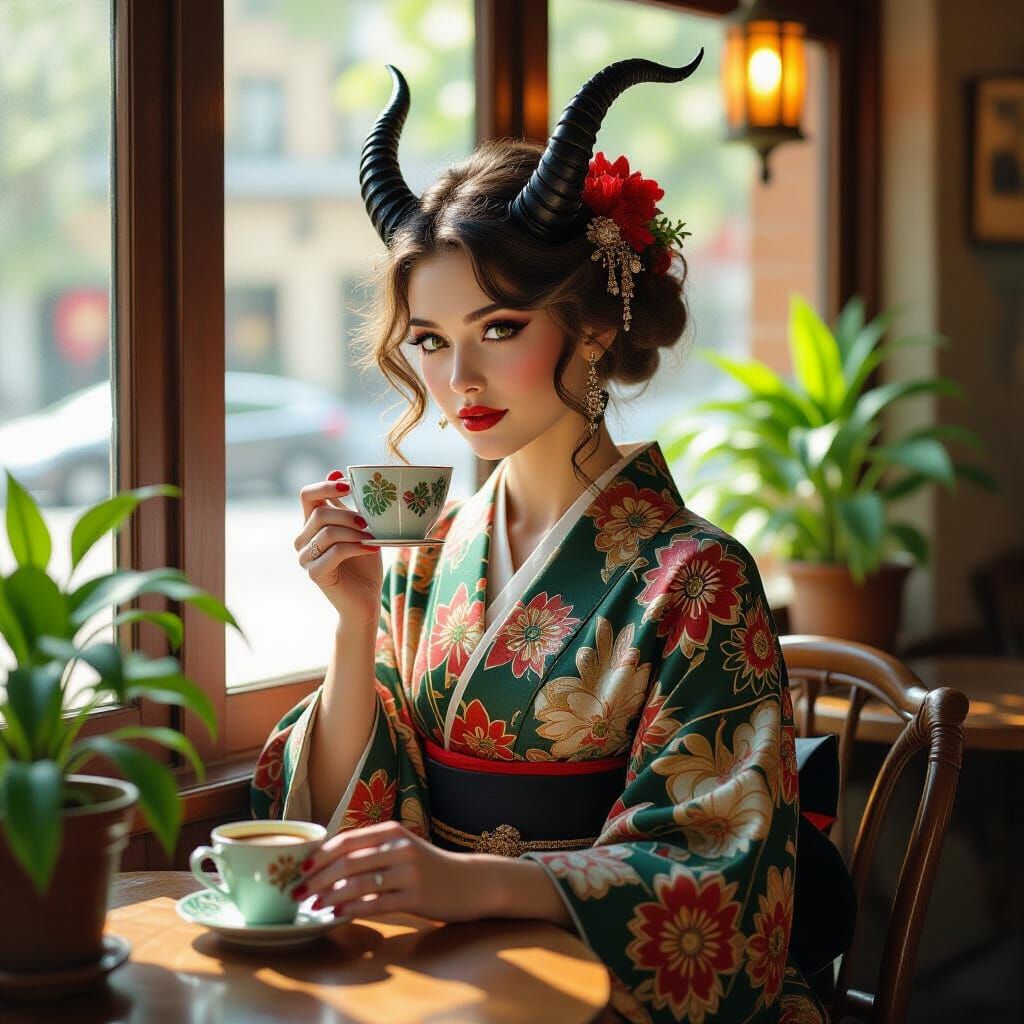 Daemonette Actress in Kimono, Pre-Raphaelite Oil Painting