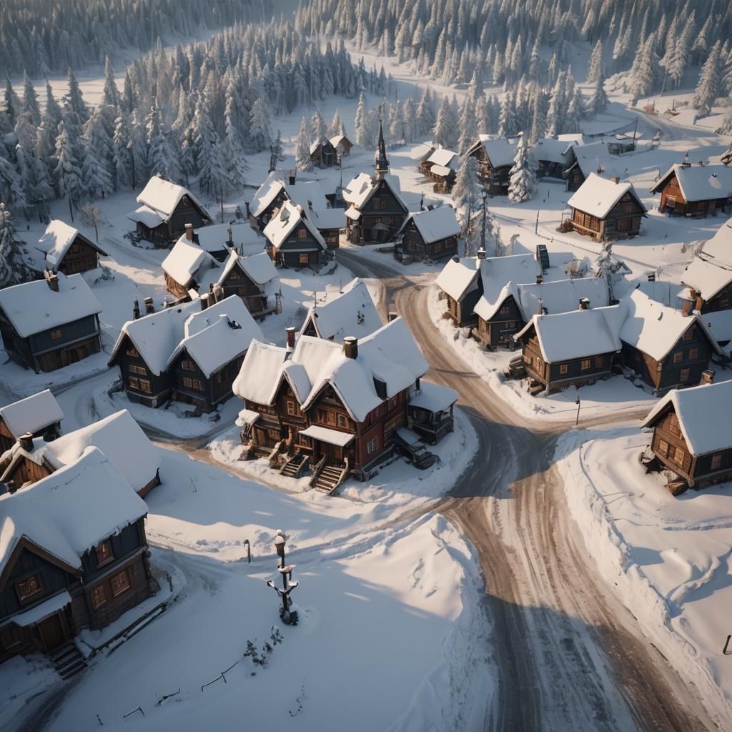 Snowy Rovaniemi Street: Detailed Matte Painting