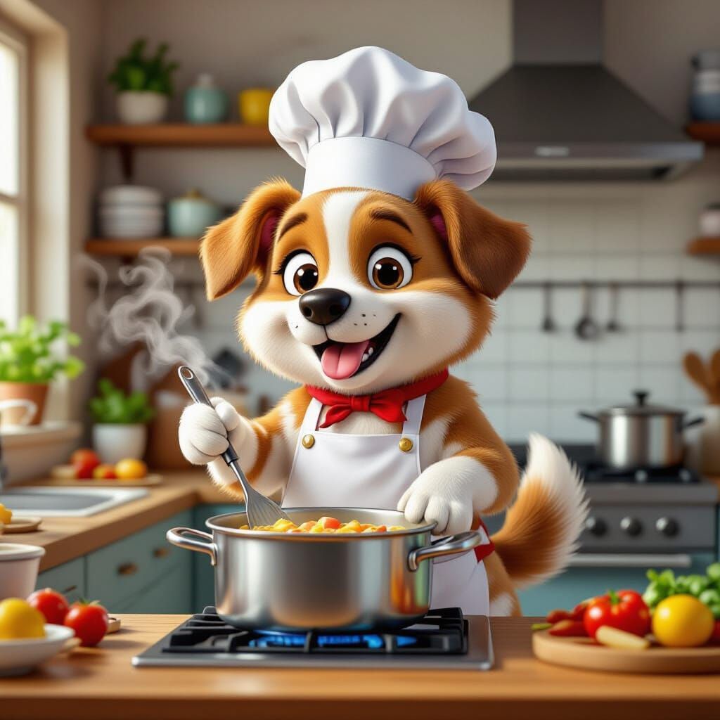 Dog Chef Cooking in Kitchen: Cartoonish and Detailed