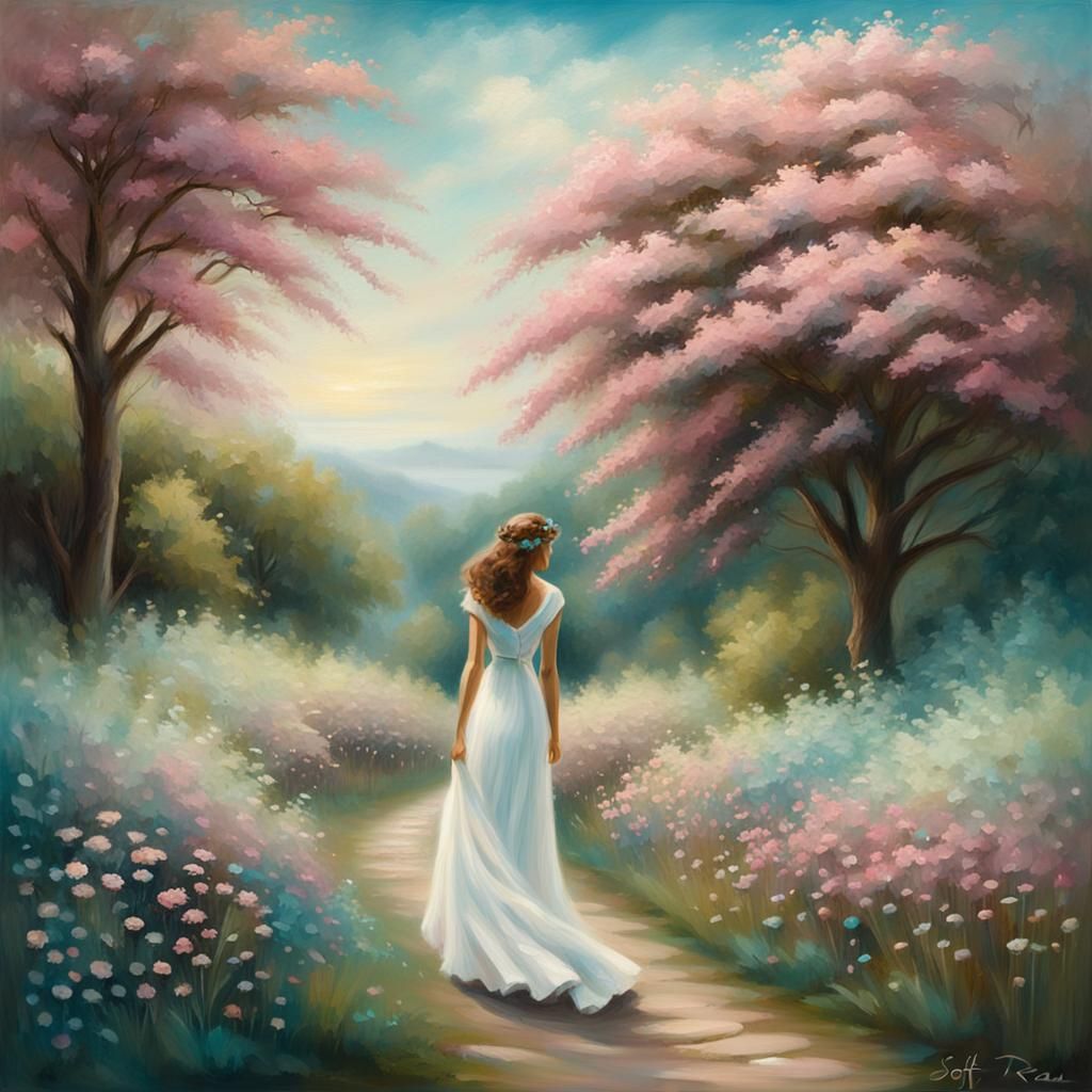 Clean Oil Painted Airbrush. Meadow Garden Scenery. Vintage s...